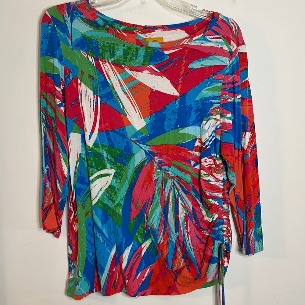 Ruby Rd. Tropical Abstract Print Ruched 3/4 Sleeve Knit Top Size L